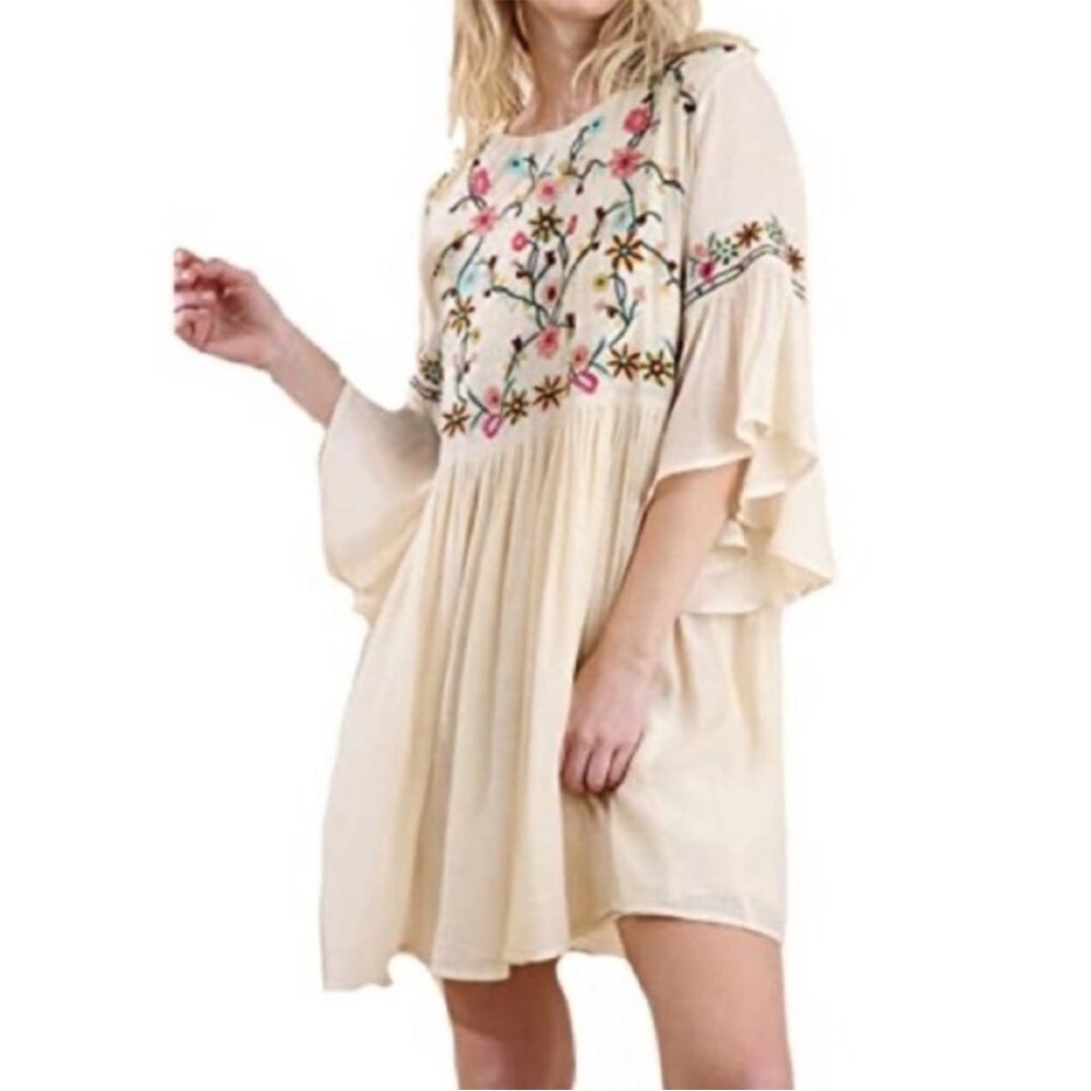 Umgee Cream Dress‎ with Colorful babydoll Embroidery